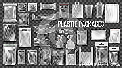 Plastic Packages Transparent Wrap Set Vector. Empty Food Product Polyethylene Package Mock Up Template. Realistic Nylon Vector Illustration