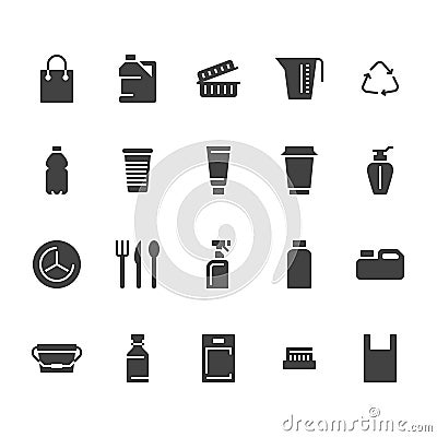 Plastic packaging, disposable tableware flat glyph icons. Product packs, container, bottle, canister, plates cutlery Vector Illustration