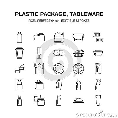 Plastic packaging, disposable tableware line icons. Product packs, container, bottle, canister, plates cutlery Vector Illustration