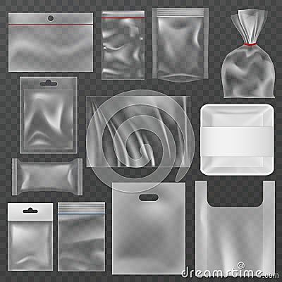 Plastic packaging. Transparent plastic packs, food containers and vacuum bags. Polythene wrap pouch, snack package Vector Illustration