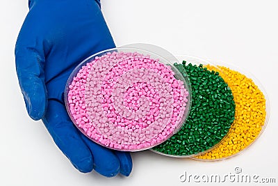 Plastic pellets. Polymeric dye. Colorant for plastics in the granules Stock Photo