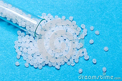 Plastic pellets. Transparent Polyethylene granules. Plastic Raw Stock Photo