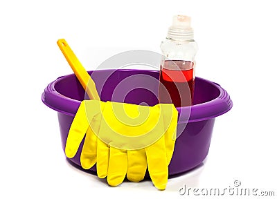 Plastic pink sink with cleaning tools Stock Photo