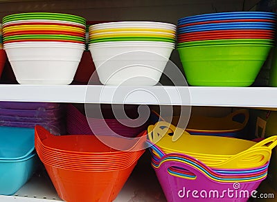 Plastic plates in shop Stock Photo