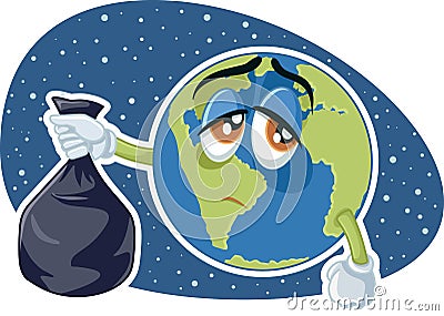 Planet Earth Holding Plastic Trash Bag Vector Cartoon Vector Illustration