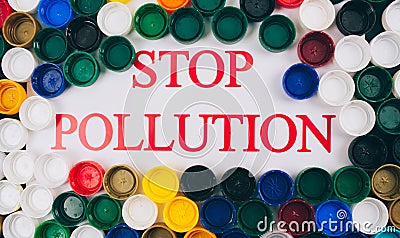 Plastic pollution concept. Refuse single-use plastic. Words Stop Pollution in the center of colored background of Stock Photo