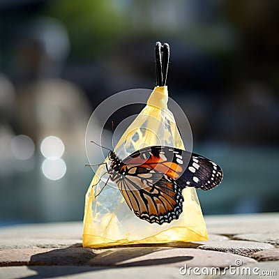 Plastic pollution in environmental problem of nature. Butterfly on plastic garbage bag. Ecological situation in the Stock Photo