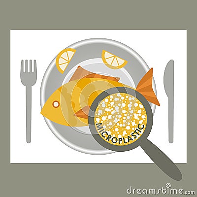 Plastic pollution, microplastic problem. Microplastic in the food. Ecological poster. Fried fish with micro plastic pieces on a Vector Illustration