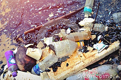 Plastic pollution in ocean. Stock Photo