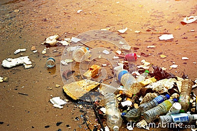 Plastic pollution in ocean. Stock Photo