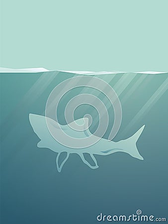 Plastic pollution in the seas vector concept with shark shaped plastic bag floating in ocean. Marine life destruction. Vector Illustration