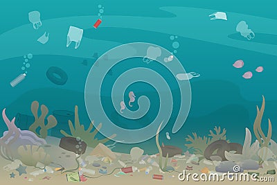 Plastic pollution trash under the sea with different kinds of garbage - plastic bottles, bags, wastes. Eco, water Vector Illustration