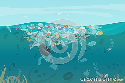 Plastic pollution trash underwater sea with different kinds of garbage - plastic bottles, bags, wastes floating in water Vector Illustration