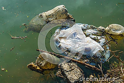 Plastic pollution in water. Ecological industry concept Stock Photo