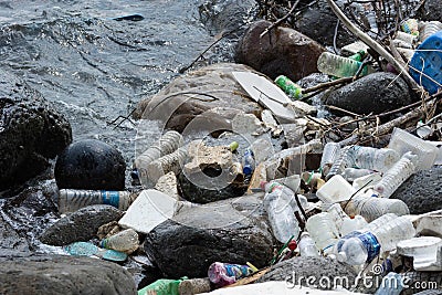 Plastic pollution on waters damaging the environment Stock Photo