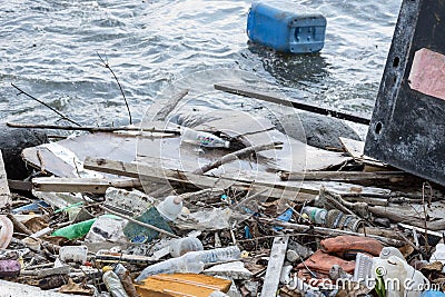 Plastic pollution on waters damaging the environment Stock Photo