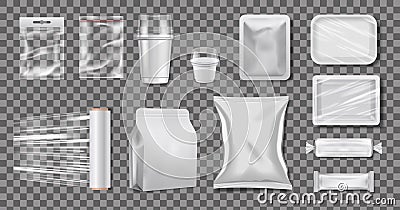 Plastic polyethylene packaging. Realistic cellophane boxes and cups. Transparent pack vector mockup Vector Illustration