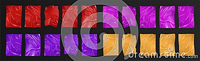 Plastic polyethylene set, 3d realistic yellow, red and purple wrinkled film material Vector Illustration