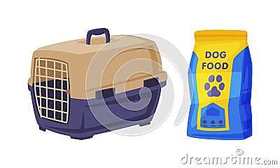 Plastic portable cage for pet animals and dog food packaging. Supplies for domestic animals set cartoon vector Vector Illustration