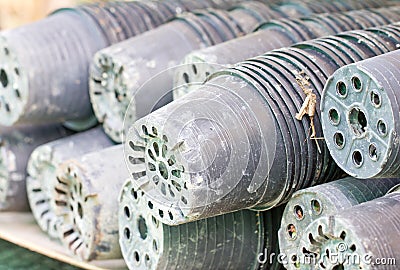 Plastic Pots Stack. Stock Photo