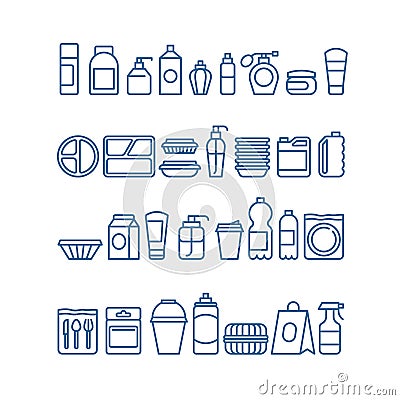 Plastic product package, disposable tableware, food containers, cups and plates line vector icons Vector Illustration