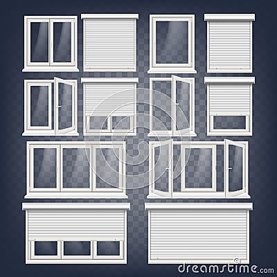 Plastic PVC Windows Set Vector. Different Types. Roller Blind. Opened And Closed. Front View. Home Window Design Element Vector Illustration