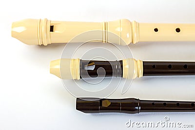 Plastic recorder flute set. Sopranino, soprano and alto flutes Stock Photo