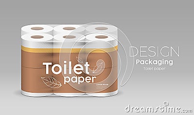 Plastic roll toilet paper one package twelve roll, leaf and brown design on gray background Vector Illustration