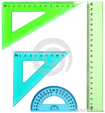 Plastic ruler, protractor, triangle, isolated on white background Stock Photo