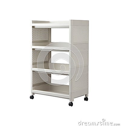 Plastic shelves rack with wheels isolated on white Stock Photo