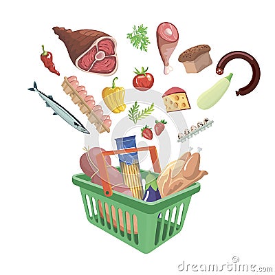 Plastic shopping basket with food on white background Vector Illustration