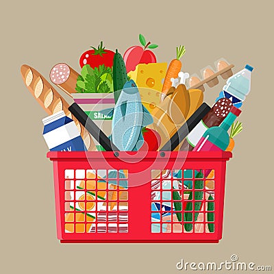 Plastic shopping basket full of groceries products Vector Illustration