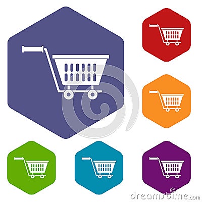 Plastic shopping trolley icons set hexagon Vector Illustration