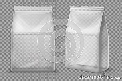 Plastic snack bag. Transparent food blank sachet. 3d vector package isolated mockup Vector Illustration