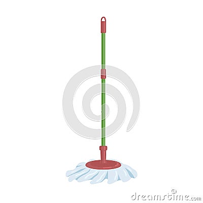 Plastic spin mop with handle stick and round brush for floor cleaning. Domestic manual supply for housework. Colored Vector Illustration