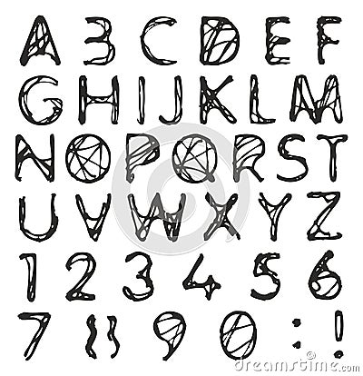 Plastic Stencil Destroyed Alphabet & Numbers with Ball Pen Vector Illustration