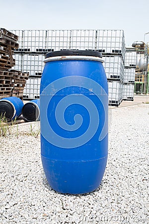 Plastic Storage Drums, Blue Barrels. Stock Photo