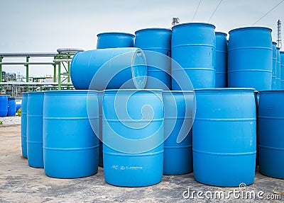 Plastic Storage Drums, Blue Barrels. Stock Photo