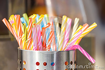 Plastic Straws In Metal Can Stock Photo