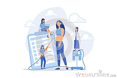 Plastic surgeon with a suction tube doing liposuction of woman marked body parts. Liposuction, lipo procedure, fat removal surgery Vector Illustration