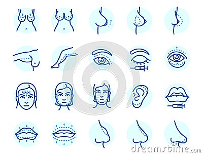 Plastic surgery body parts face correction infographic icons anaplasty medicine skin treatment beauty health procedure Vector Illustration