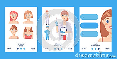 Plastic surgery set of cards vector illustration. Face and body correction. Doctors consultation. Breast augmentation Vector Illustration