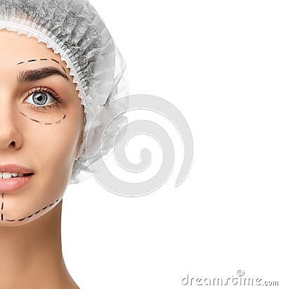 Plastic surgery concept perforation lines on face isolated on white background Stock Photo