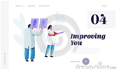 Plastic Surgery Doctor in White Robe Learning Pictures of Male and Female Patient Body Preparing for Beauty Cosmetics Procedure Vector Illustration