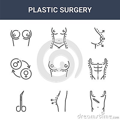 9 plastic surgery icons pack. trendy plastic surgery icons on white background. thin outline line icons such as scar, torso, torso Vector Illustration