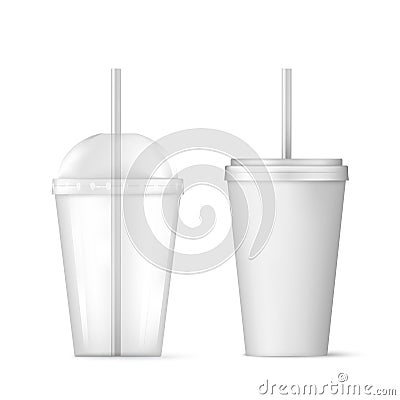 Plastic transparent disposable cup with straw for cocktail and disposable container for ice drink. Vector illustration isolated Vector Illustration