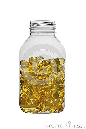 Plastic transparent medical bottle with omega capsules. Isolated on white background Stock Photo