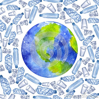 Plastic trash around planet Earth. Disposable blue transparent bottles, cups. Hand-drawn watercolor illustration Cartoon Illustration