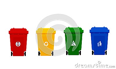 Plastic trash bin, red, yellow, green and blue four color trash bin with symbol, the front image of all four plastic waste bins Vector Illustration