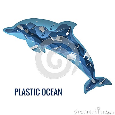 Plastic trash planet pollution concept vector illustration. Dolphin marine mammal outline filled with plastic waste 3d icon. Zero Vector Illustration